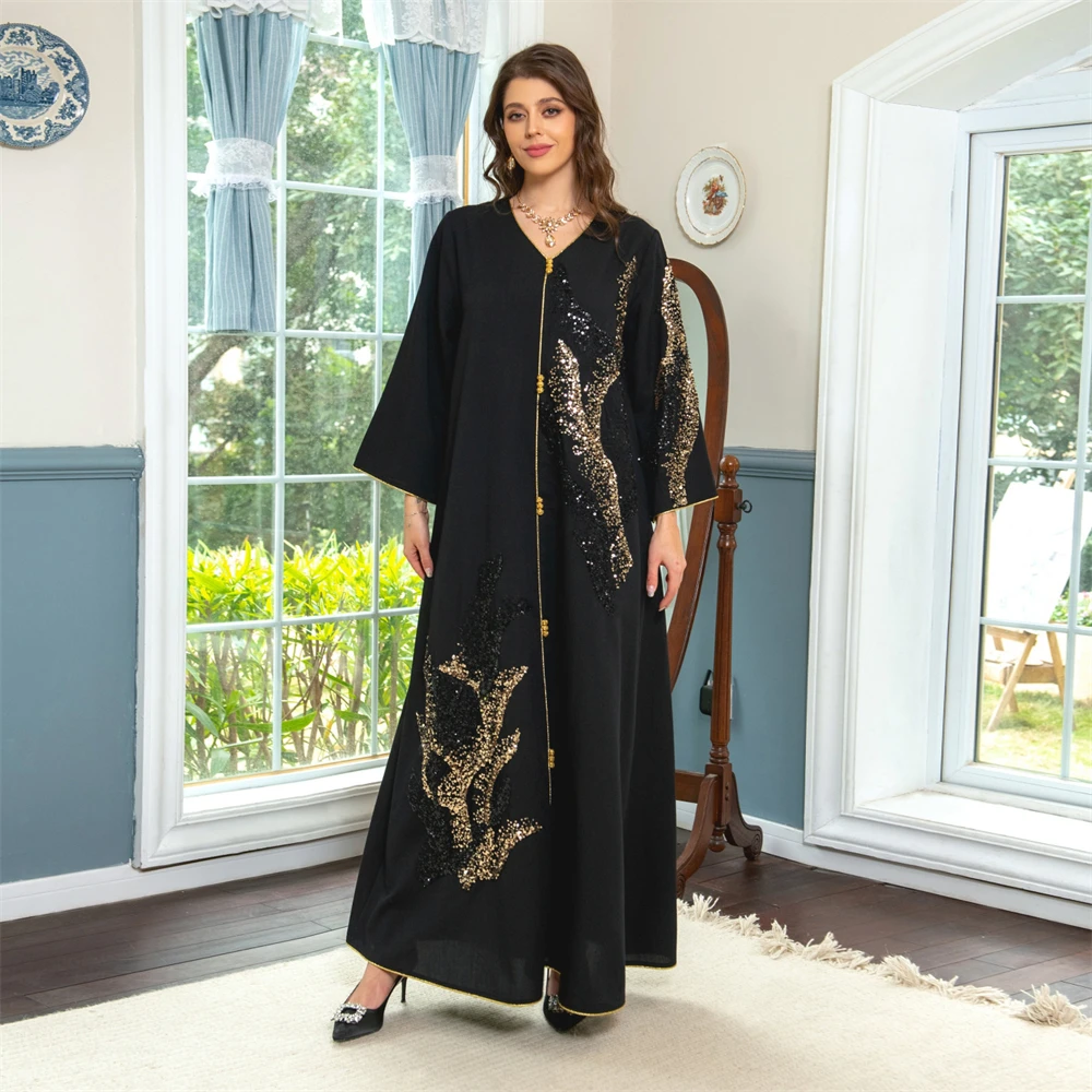Arab Dubai Muslim Women's Clothing Middle Eastern Long-sleeved Patchwork Sequined Loose Dress