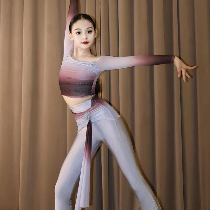 Costumes de concours de danse latine de couleur dégradée, vêtements de spectacle de danse de salle de bal pour enfants, vêtements de danse latine pour filles, SL14137