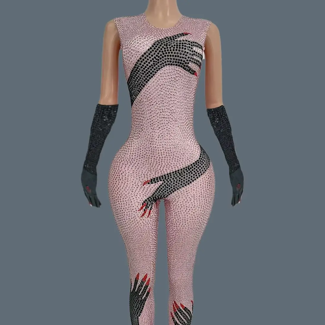 Sexy Alle Strass Nauwsluitende Jumpsuit Hot Meisjes Nachtclub Concert Celebrity Outfit Dans Podium Vest Jumpsuit Handschoenen Heishou