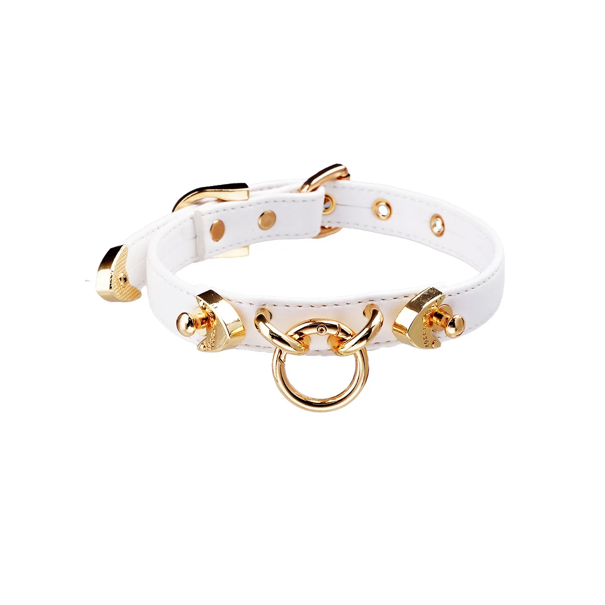 PU Leather Choker Necklace with Gold O-Ring & Spike Studs, Multi-Color Gothic Collar for Cosplay & Sex Toy