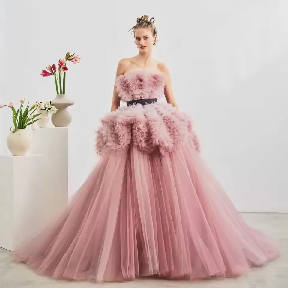 

2025 Шикарное многослойное тюлевое романтическое пыльно-розовое бальное платье Свадебные платья Свадебное платье Платье для фотосессии невесты Платье для торжественных случаев