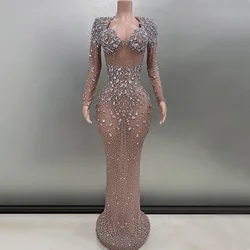 Luxury Flashing Diamonds Khaki Sexy See-Through Sheath Dress Evening Party Performance Costume Nightclub Singer Stage Wear