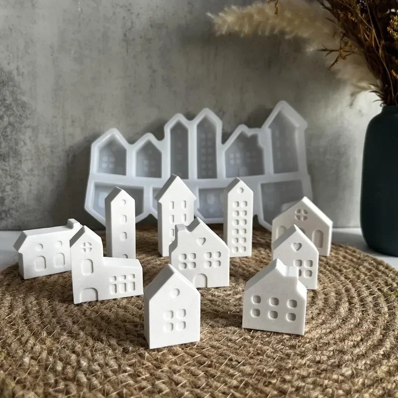 Molde de silicona para casa pequeña de estilo nórdico 3D, moldes para velas de casa de 10 agujeros, Mini casas, molde de cemento de hormigón y yeso,