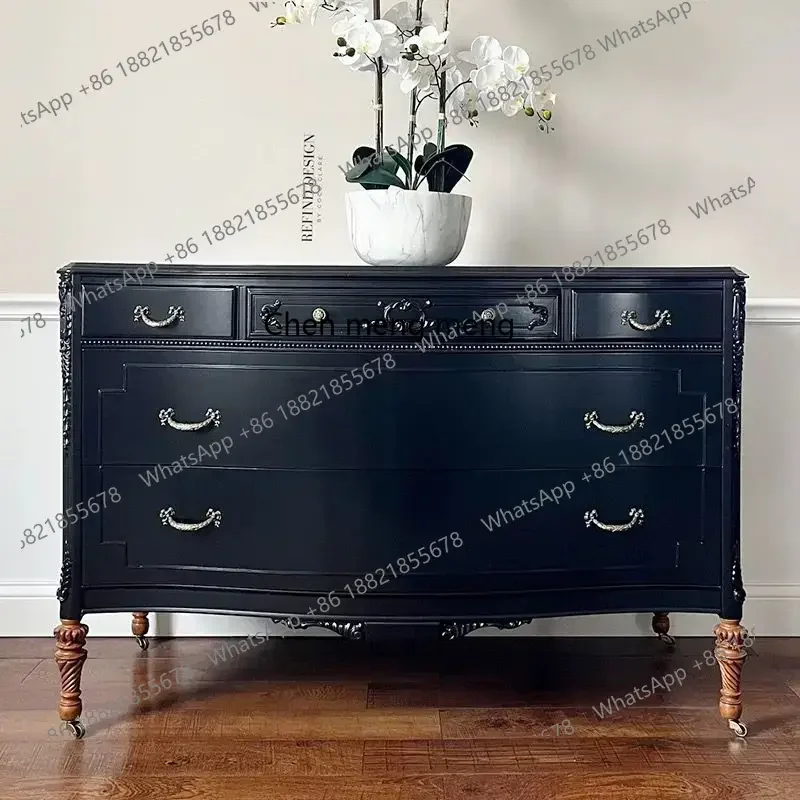 

American rural antique solid wood bucket cabinet retro living room decorative cabinet French style, carved wall display cabinet6