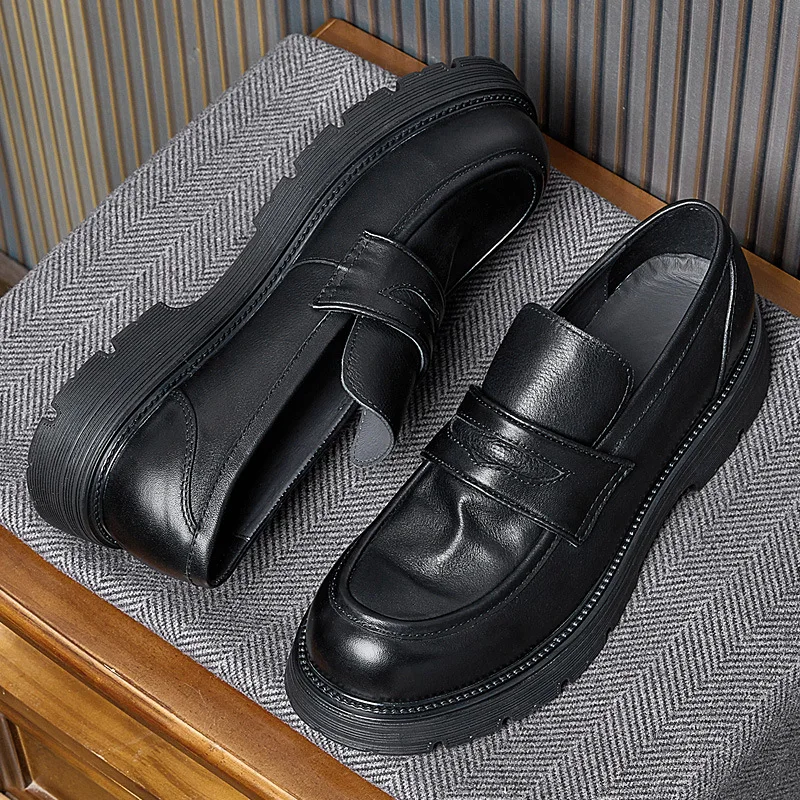 

Retro leather men's shoe platform with elevated leather, casual loafers, gentlemanly elegance