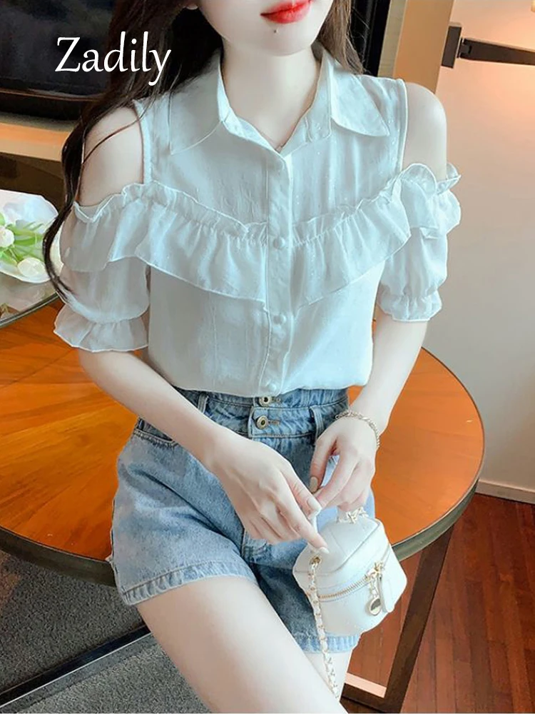 2024 Summer Casual Short Sleeve Women White Chiffon Shirt Korea Style Button Up Off Shoulder Tops Ruffles Female Blouse Clothing