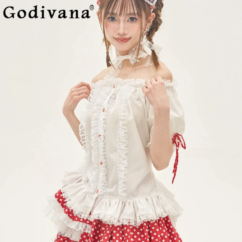 

Vintage Bow Cute Girl Lace White Sweet Removable Long Sleeve Summer Top Lolita Ruffles Slim Crew Neck Versatile Age Reducing Top