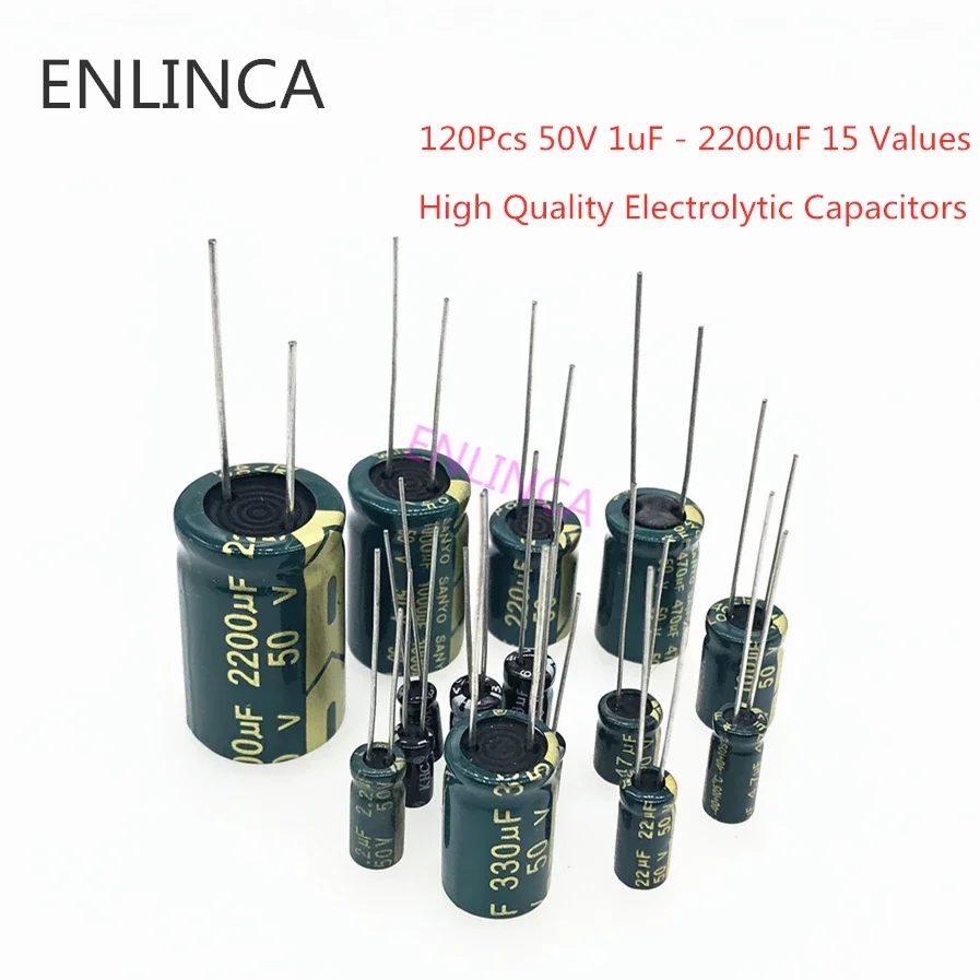 

120Pcs 50V 1uF - 2200uF 15 Values High Quality Electrolytic Capacitors Assortment set high frequency