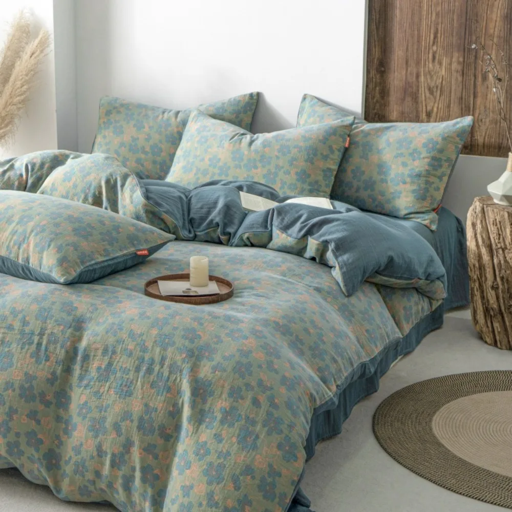 Ultra-soft Cotton Double-layer Yarn Four-piece Set Student Dormitory Floral Quilt Cover Flat/Fitted Sheet Pillowcase Bedding Set