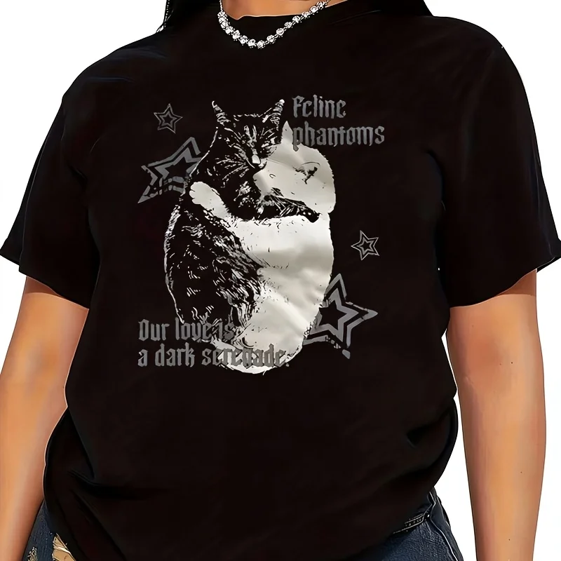 cat and star Women's T-Shirt 100% Cotton Funny Graphic Short Sleeve Tee Novelty Shirt Casual Crew Neck Top S-5XL