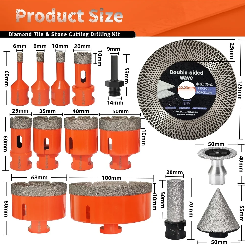 8/9/10/11/12pcs Diamond Drilling Milling Grinding Chamfering Bit Kit M14 Thraed With Hex For Granite Masonry Tile Aluminum Case