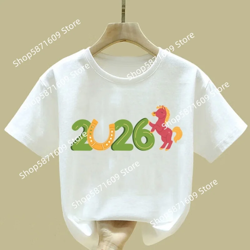 2026 Year of the Horse Children's Printed T-shirt Cartoon Horse Boys and Girls Short sleeved T-shirt
