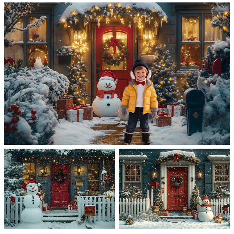 Winter Christmas Decoration Backgrounds For Photographs Snowman Xmas Tree Wreath Light String Kids Portraits Festive Backdrop