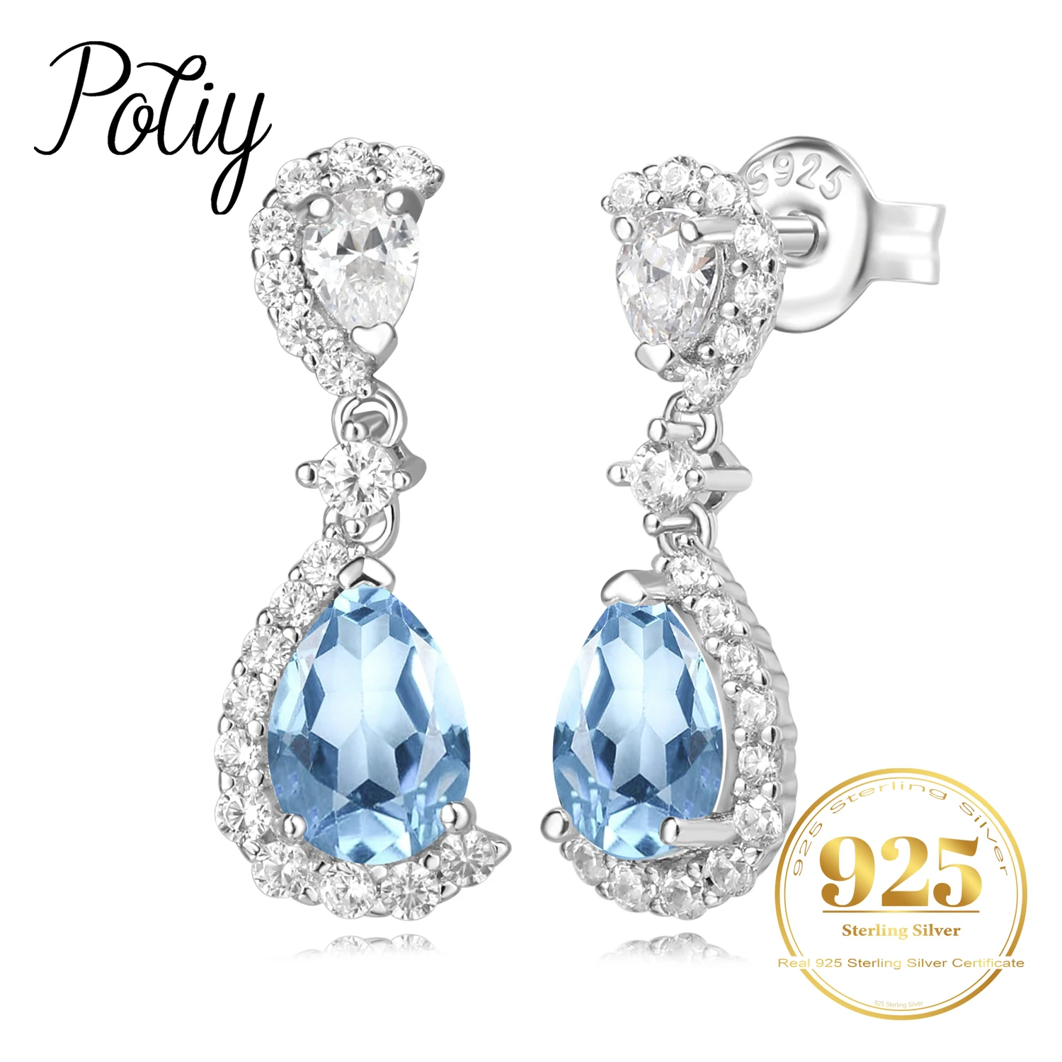 Potiy Total 1.68ct Pear Natural Sky Blue Topaz Dangle Drop Earrings 925 Sterling Silver for Women Gemstone Fine Daily Jewelry