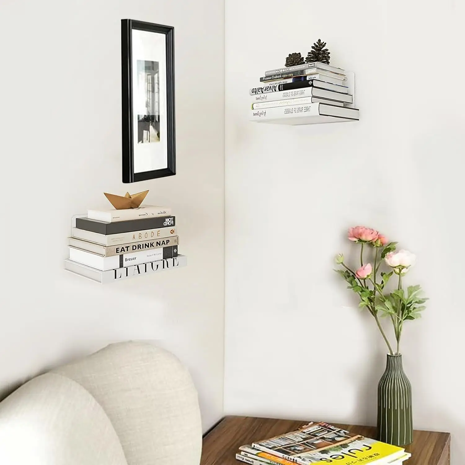 Invisible Floating Bookshelf - Modern White Wall Mount Metal Shelves for Room（4PCS）