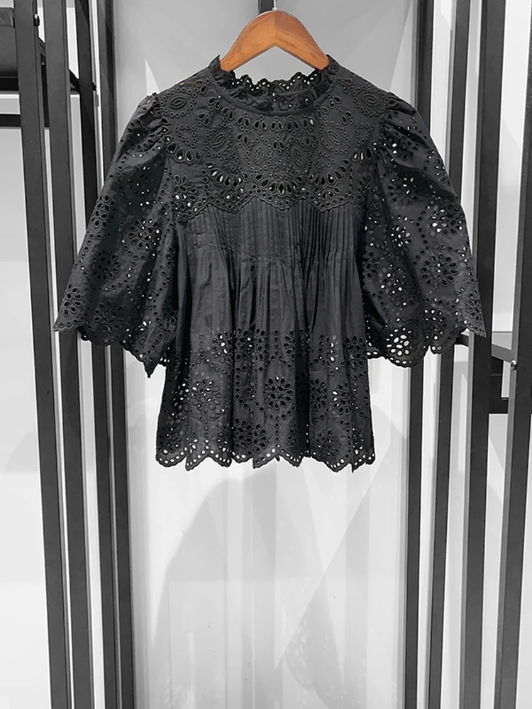 

Elegant Black Polka Dot Melody Ruffle Lace Trim Tie Neck Women's Top French Style Loose Fit Polyester Fiber Cool Sensation