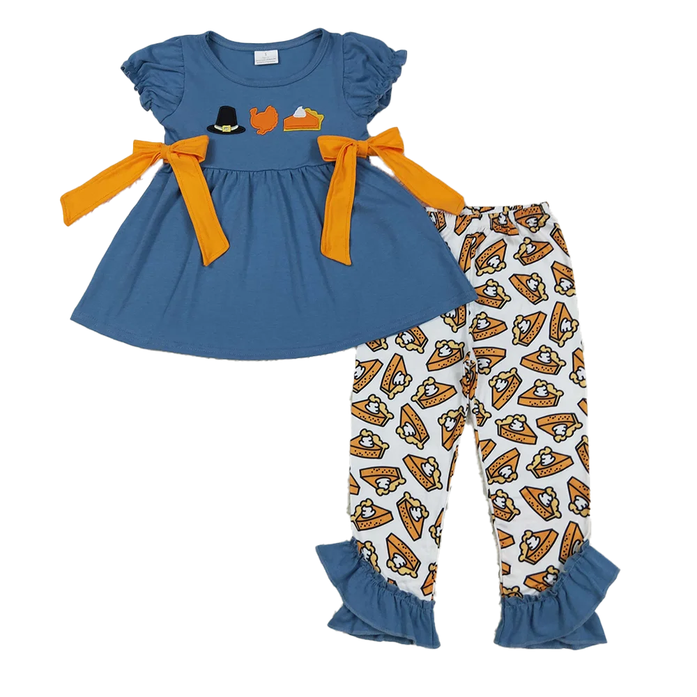 

Baby Girls Outfits Embroidery Baby Girls Navy Thanksgiving Turkey Tunic Ruffle Pants Sets