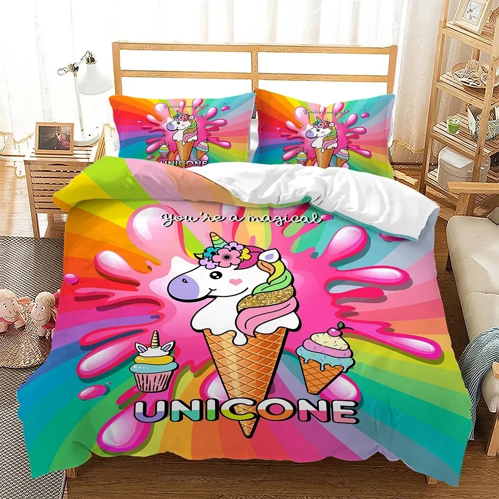 Rainbow Unicorn Bedding Set Colourful Flowers Duvet Cover Comforter Linen Pillowcases For Girls Gift Single Double King Queen