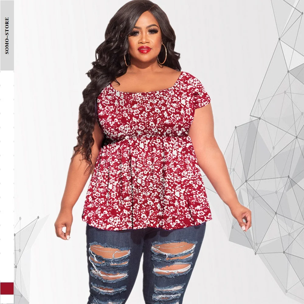 Vermelho floral impressão plus size t camisa roupas femininas solto pulôver senhoras manga curta topos casual wear verão 2022 por atacado