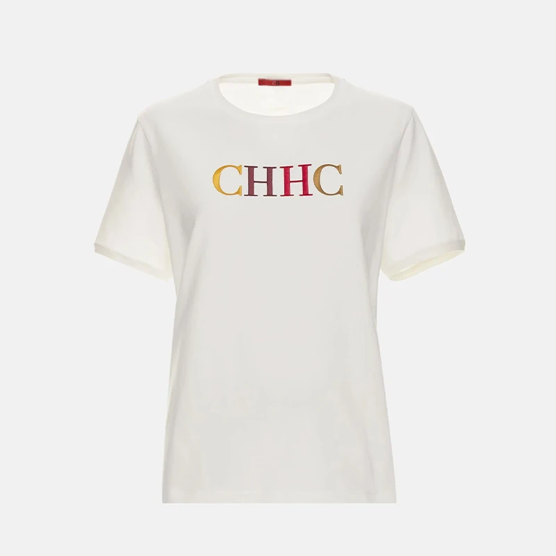 CH Damen-T-Shirt, weiß, kurzärmelig, schmale Passform, Rundhalsausschnitt, farbige Buchstabenstickerei, atmungsaktive Baumwolle, Alltags-Freizeitoberteil – Detail 3