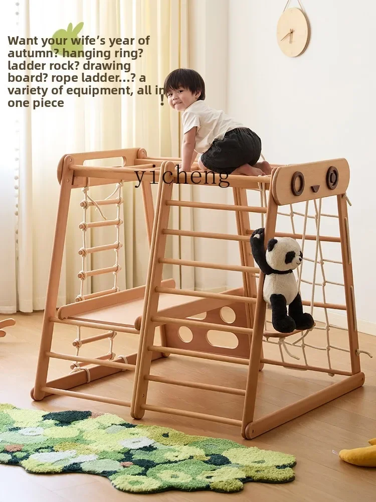 Full Beech Multi-functional Climbing Frame Indoor Family Playground Baby Swing Ring Drawing Board Slide