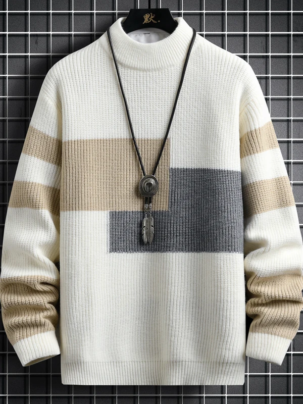

Trendy Stripe Knitted Sweater Men's round Ne Base irt Teenage Student Warmth Polyester Fiber Casual Sle Winter Season