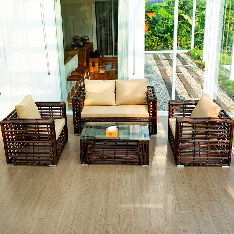 Outdoor Rattan Sofa Set for Balcony Courtyard Garden Terrace Small Apartment Living Room Rough Imitation Rattan Chair