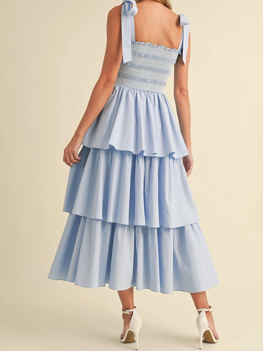 Abito da donna con spalline allacciate di nuova moda Abito estivo senza maniche con busto smock Abito con volant a strati Abito lungo fluido SML