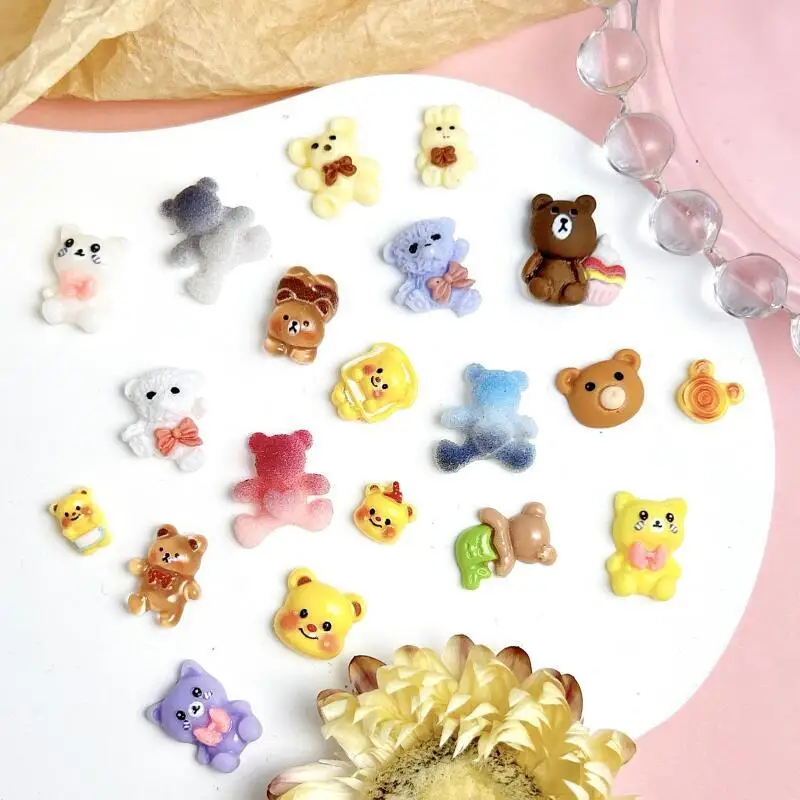 Simulated Cartoon Bread Bears Nail Charms Gradient Powder Blusher Butter Bears Resin Nail Art Decorations for DIY Nails Ornament