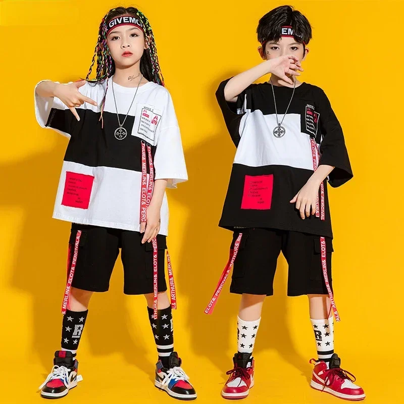 Boys Hip Hop Summer Contrast T-shirt Street Dance Cargo Shorts Girls Patchwork Tee Children Cool Clothes Sets Kids Jazz Costumes