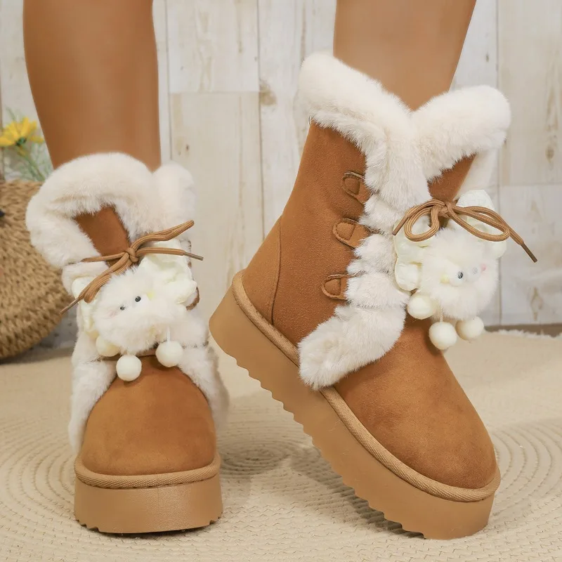 Cute Cartoon Detor Snow Boots for Women Slip On Thick Bottom Snow Boots Woman Winter Faux Suede Short Plush Warm Botas Mujer