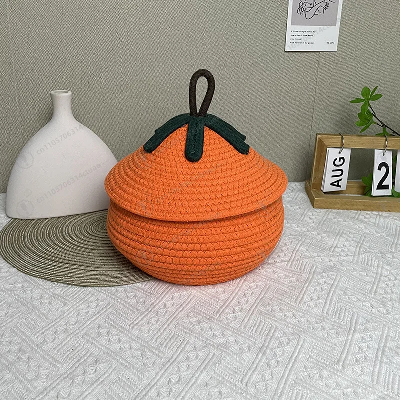 クリエイティブなハロウィンパンプキン収納バスケット、コットンロープ編み蓋付き収納容器、ホームリビングルームコーヒーテーブル用編みバスケット
