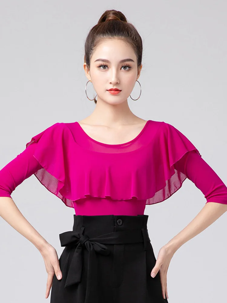 المرأة اللاتينية الرقص ارتداءها شبكة المرقعة انتفض الأكمام سليم صالح السالسا التانغو قميص تمتد تنفس الأداء ممارسة أعلى