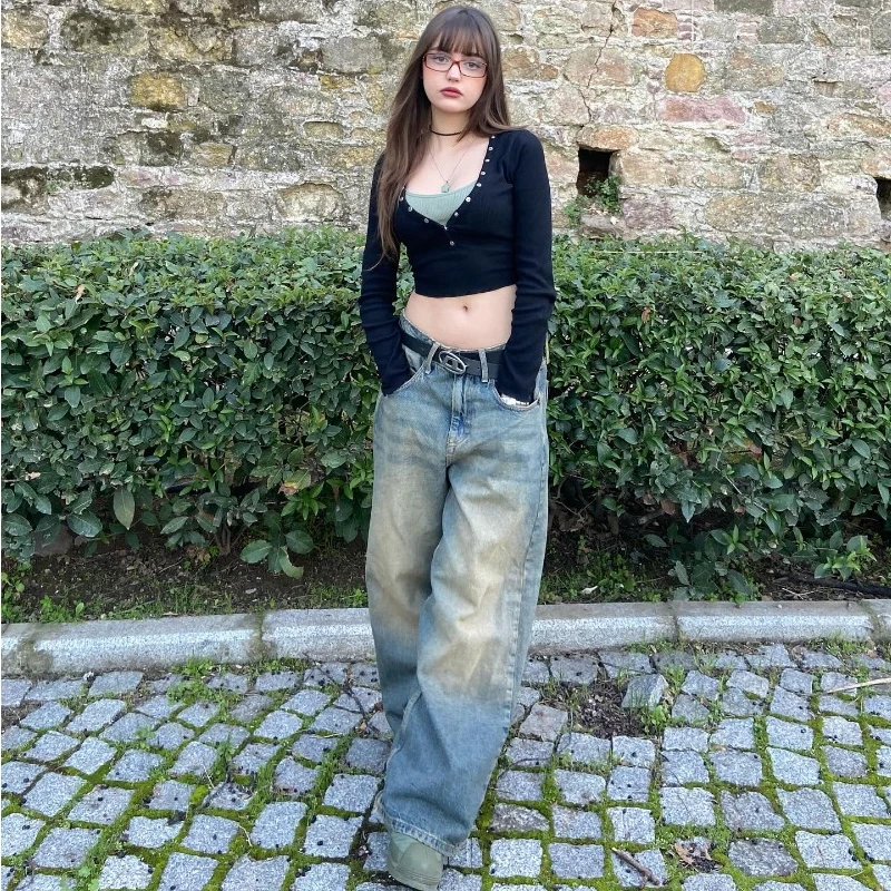 Streetwear New Fashion Solid Color Washed Baggy Jeans Women Y2K Harajuku Vintage Gothic Casual Joker High Waist Wide Leg Pants