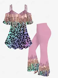 New Plus Size Print Graphic Outfits XS-6X Paint Drop Blobs Leopard 3D Printed Cold Shoulder Cami T-shirt Or Flare Pants