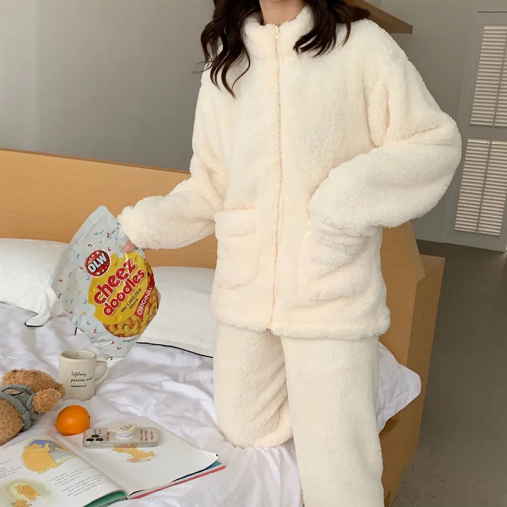 Conjuntos de pijama de manga comprida feminino, pijama grosso quente, velo coral com zíper, pijamas confortáveis, elástico na cintura, solto macio