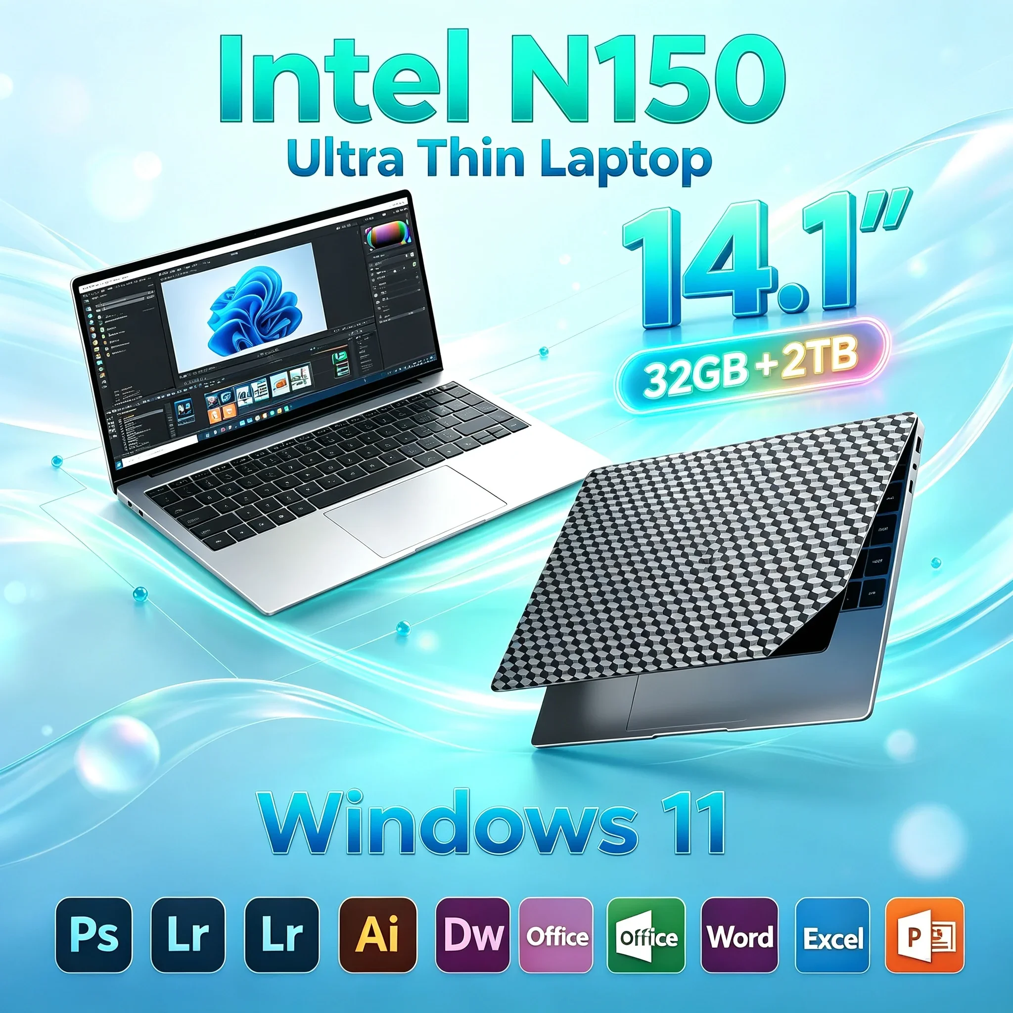 New 14.1'' Inch Laptop Computer Intel N150 32GB RAM 1TB & 2TB SSD Windows 11 4K Display Ultra Light Notebook For Office & Study