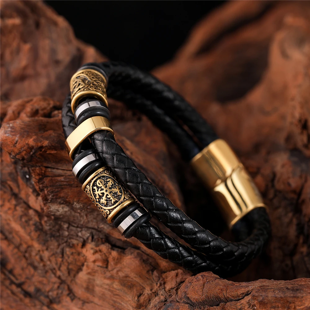 Punk masculino vikings estilo pulseira de couro genuíno trançado multicamadas aço inoxidável runas nórdicas grânulo pulseiras casal jóias presente