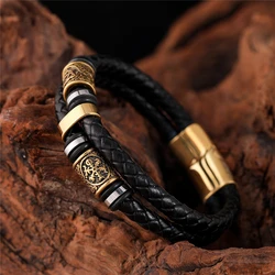 Punk Men Vikings Style Genuine Leather Bracelet Braided Multilayer  Stainless Steel Norse Runes Bead Bangles Couple Jewelry Gift