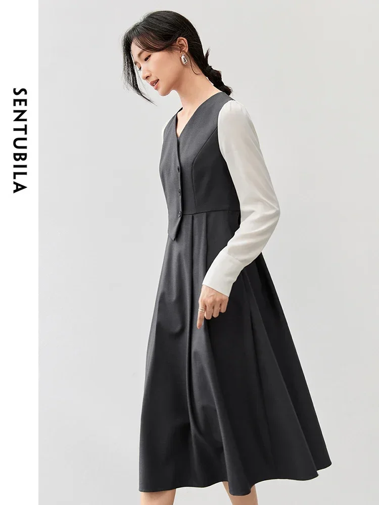 SENTUBILA Patchwork Retract Waist Dresses Woman 2024 Autumn A-line V Neck Folds Long Sleeve Office Lady Simple Dress 143L56668