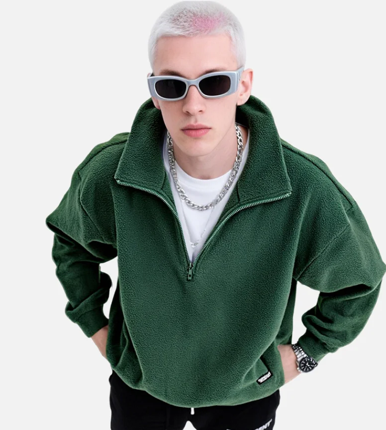 Jersey con cremallera de un cuarto, sudaderas con capucha para hombre y mujer, forro polar de gran tamaño con cuello alto, minimalista, Color sólido, sudadera cálida para invierno, verde oscuro