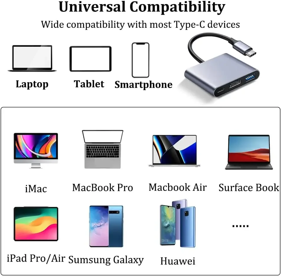 3 in1 USB C Hub إلى HDTV محول USB Hub 4K محول الفيديو والصوت USB Hub مع PD 100W شحن سريع ومنفذ USB 3.0 بسرعة 10 جيجابت في الثانية #3