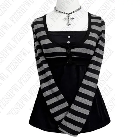 Y2K Woman's Clothing Goth American style Cool Gir T-shirt Retro Harajuku Fashion Stripes Pullover Chic Rock Punk Streetwear Tops