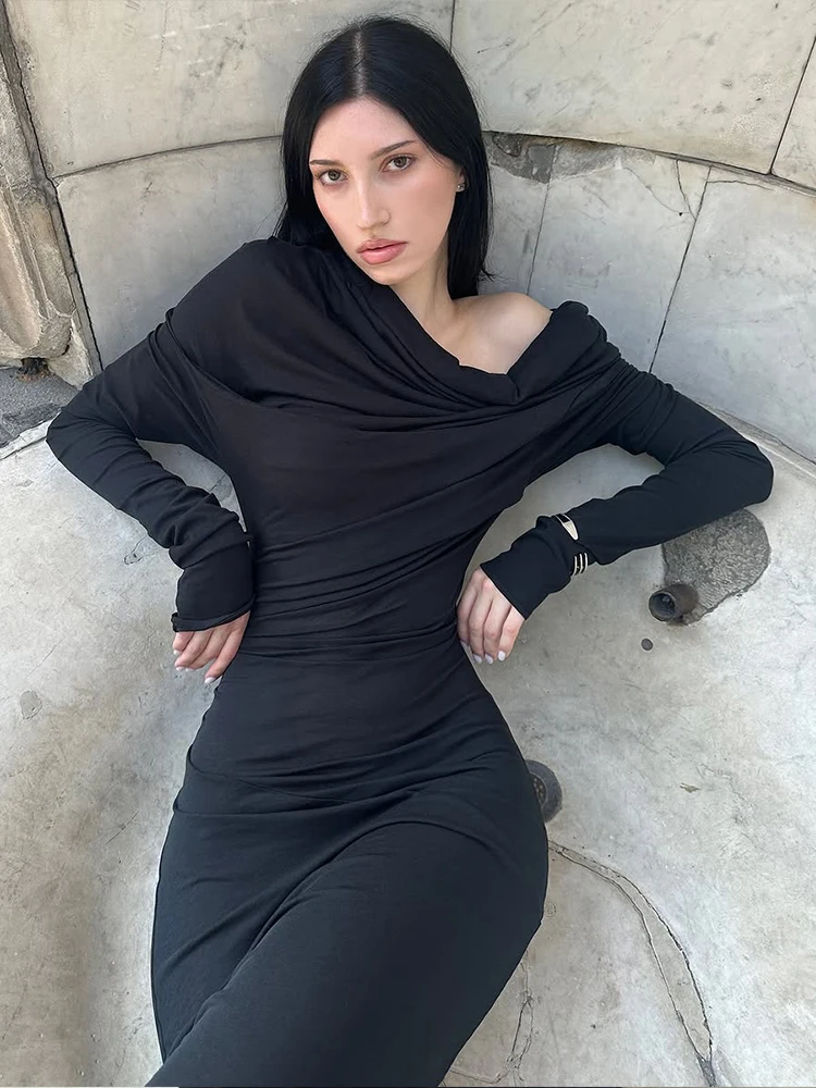 Kliou Slash Neck Klassische Frauen Maxi Kleid Einfache Feste Geraffte Volle Hülse Körper-gestaltung Lange Robe Mujer High Street Neue vestidos