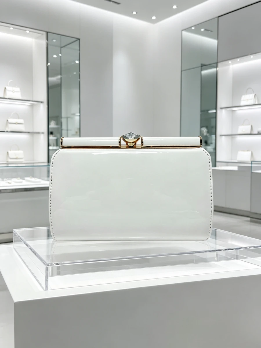 Pure White Patent Leather Minimalist Diamond Lock Rectangle Clutch Luxury Elegant Evening Purse For Mature Women Daily Wedding