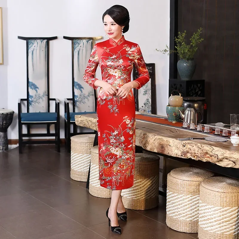 

Elegant Women Print Flower Wedding Dress Oriental Bride Satin Mandarin Collar Evening Qipao Oversize 6XL Long Sleeve Cheongsam