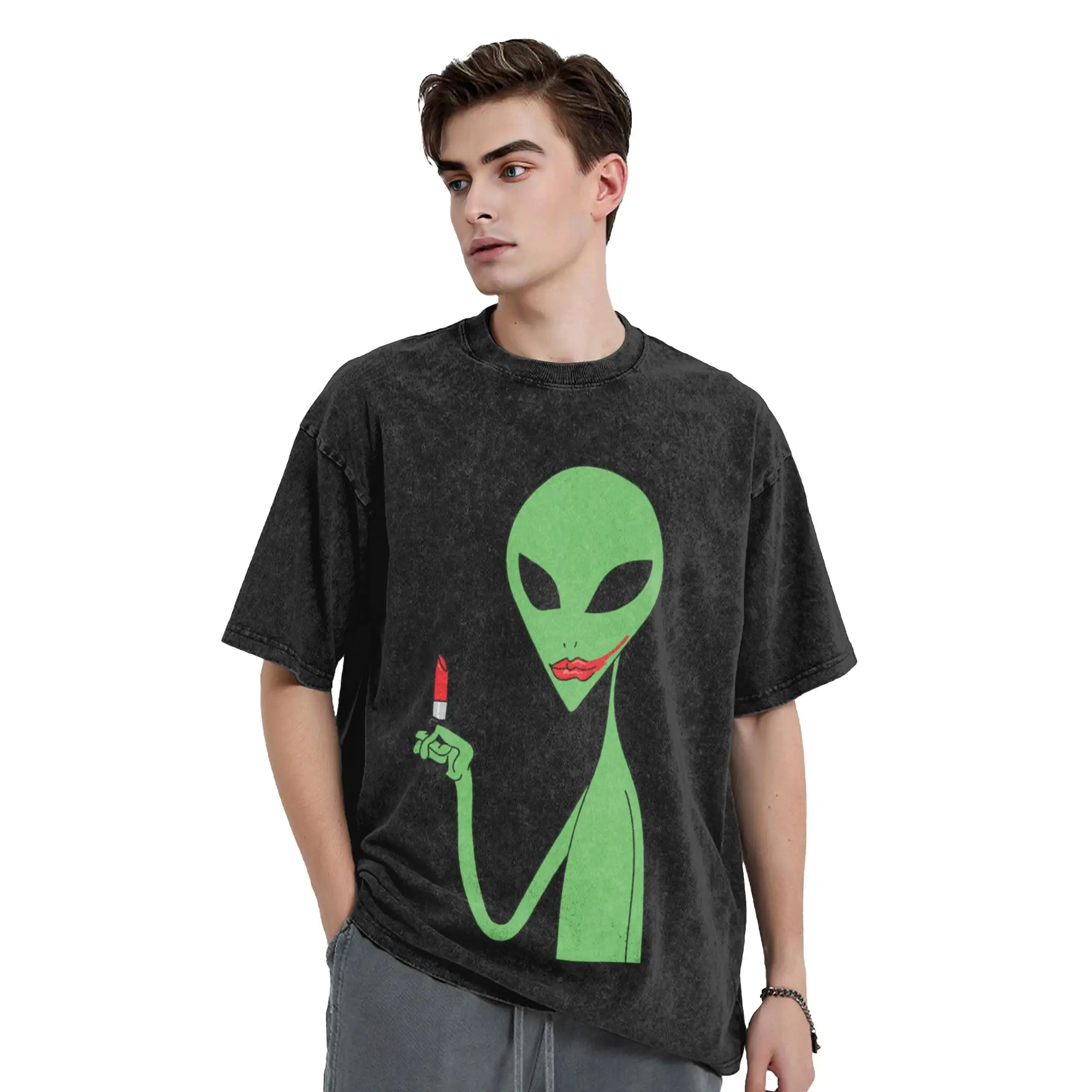 lipstick alien Unique Trendy A Washed T Shirt Men's Women's Oversized Cotton Tees Tops