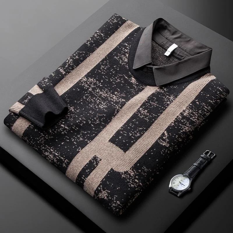 

high-end fashion European yarn dyed printing fake two piece shirt collar sweater men's autumn and winter thick casual pullover