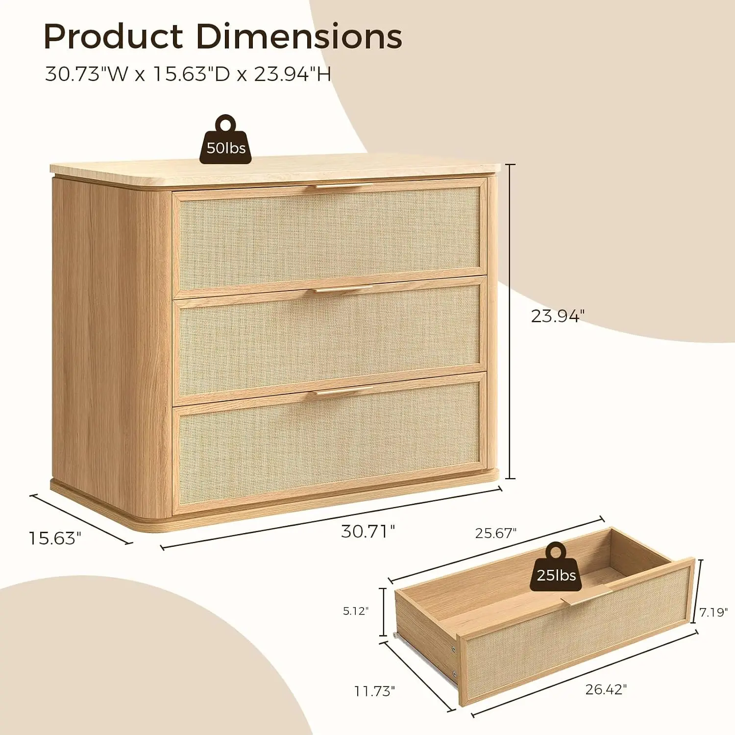 Rattan Nightstand with 3 Drawers, 30.71