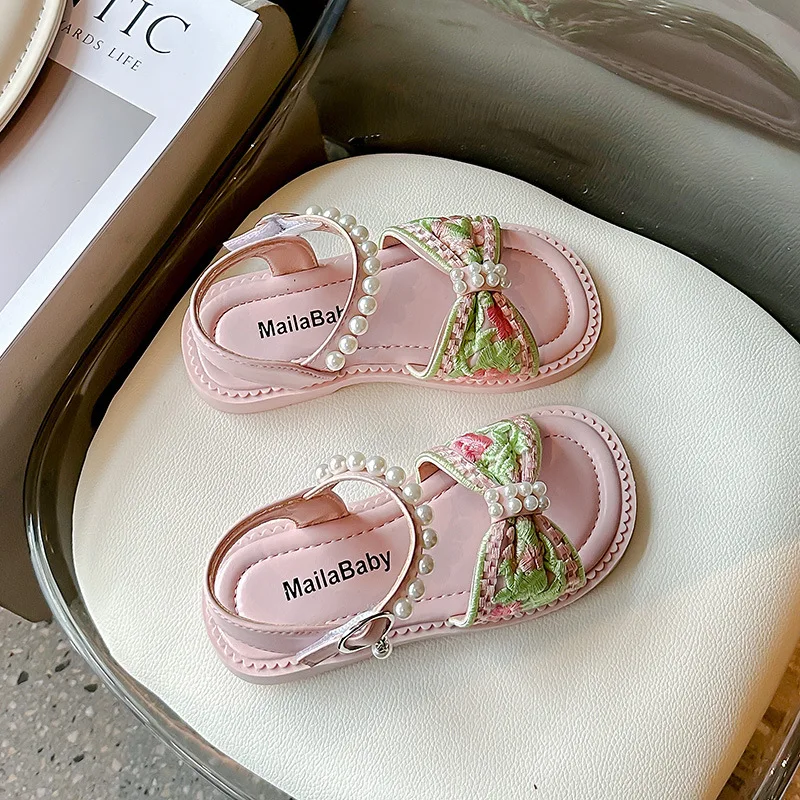 Girl Princess Embroider Sandals Summer Chinese Style Children Causal Flat Sandals Fashion Pearl Sweet Kid Dress Open-toe Sandals